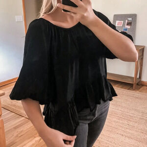 Raquel Allegra 100% Rayon Black Satin Scoop Neck Balloon Sleeve Ruffle Blouse S